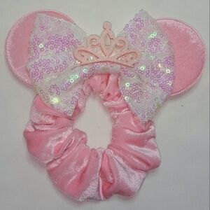 Velvet Mouse Ears Scrunchie Pink With Shiny Sequin Bow And Crown